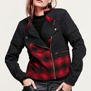 Free People Jacket Wool Plaid Pieced Moto Zipper Jacket